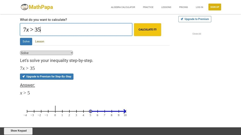 Graph the solution of this inequality on the number line. 7x > 35-example-1