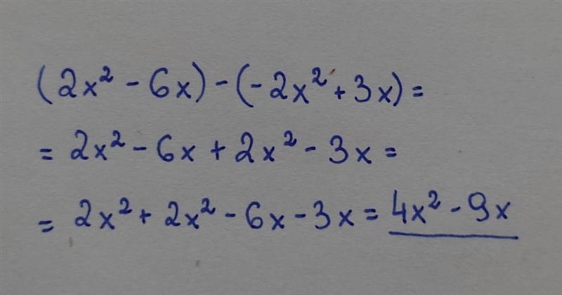 Simplify the expression. 1. (2x2 - 6x) - (-2x2 + 3x)-example-1