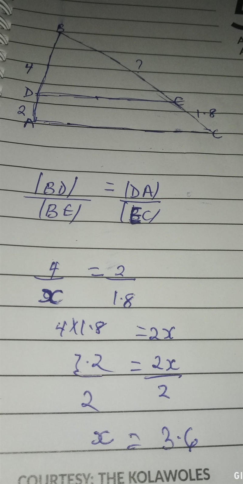 PLEASE HELP ME!!! Find BE is AD=2,CE=1.8 and BD=4 BE=3.4 BE=6 BE=0.9 BE=3.6-example-1