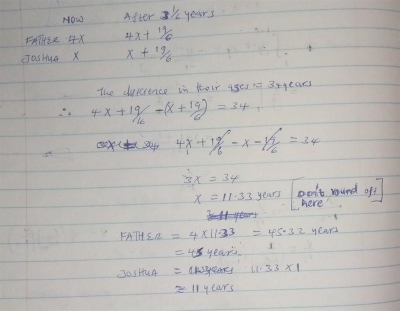 The present age of Joshua's father is four times that of Joshua. After 3 and 1/6 years-example-1