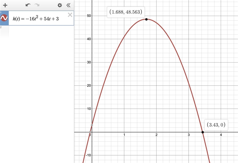 For the vertical motion model h(t) = -16t2 + 54t + 3, identify the maximum height-example-1