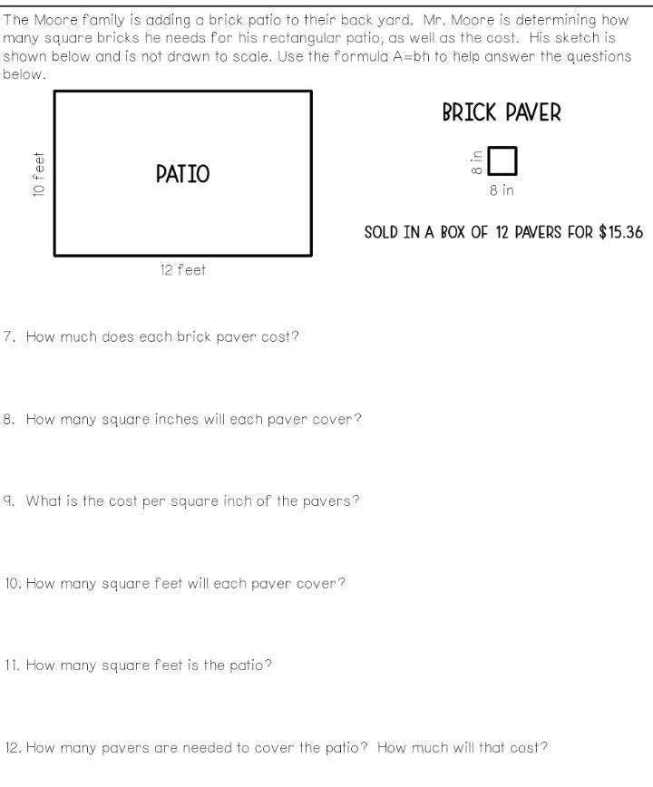 The Moore family is adding a brick patio to their back yard. Mr. Moore is determining-example-1