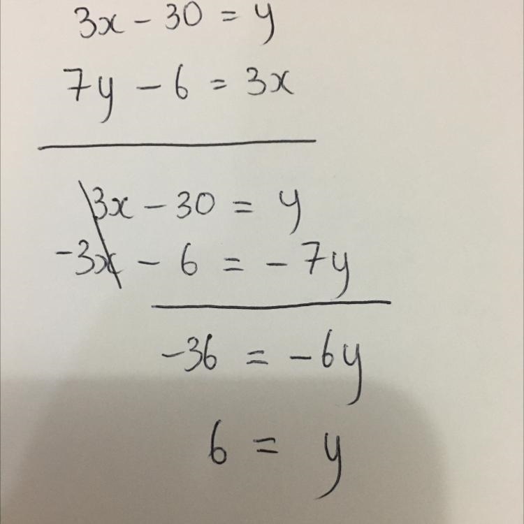 Solve the system of linear equations by elimination. 3x−30=y 7y−6=3x Solve the system-example-1