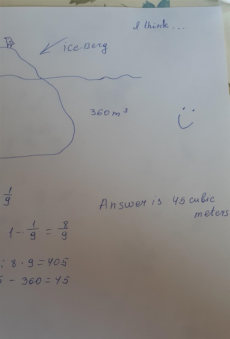 An IceBerg has 1/9 of its volume above the water. If an IceBerg has 360 cubic meters-example-2