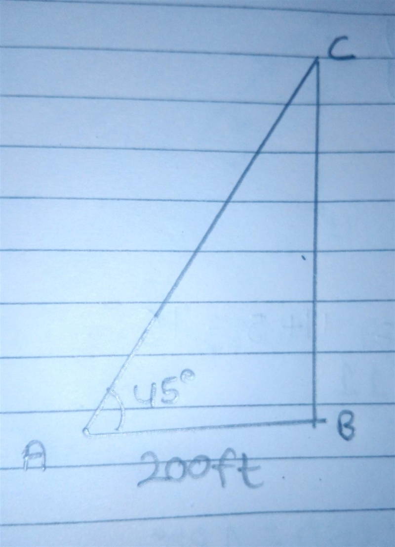 An engineer stands 200 feet from a tower and sights the top of the tower at a 45° angle-example-1