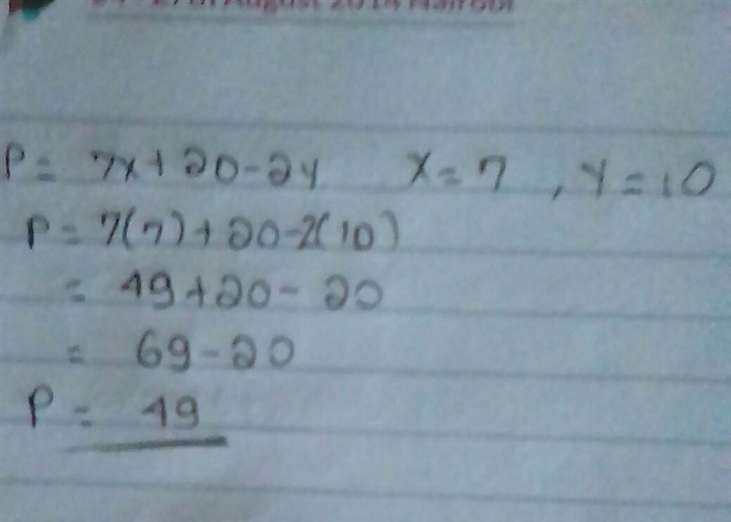 Given that P = 7 x + 20 − 2 y . Find P when: x = 7 and y = 10-example-1