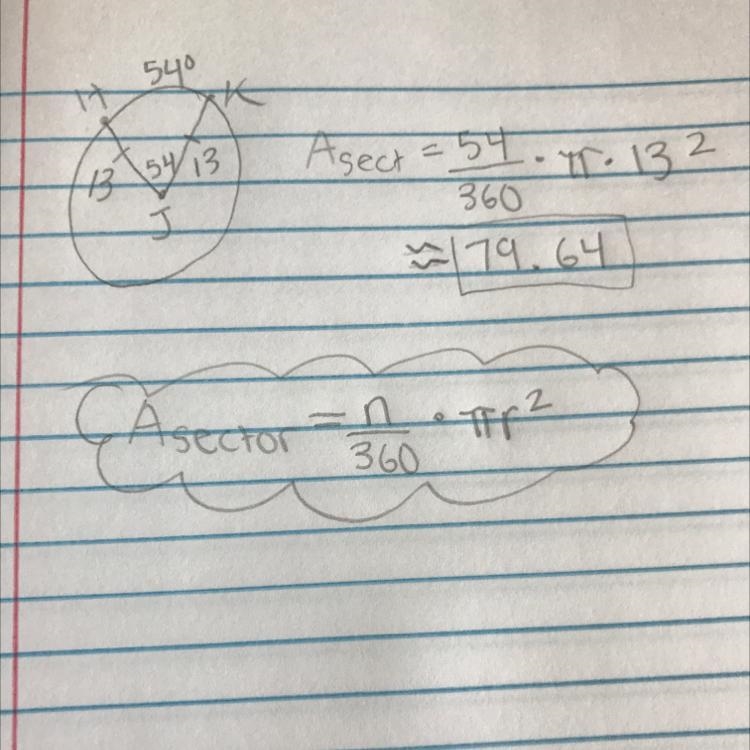 In circle J with mZHIK = 54 and HJ = 13 units find area of sector HJK. Round to the-example-1