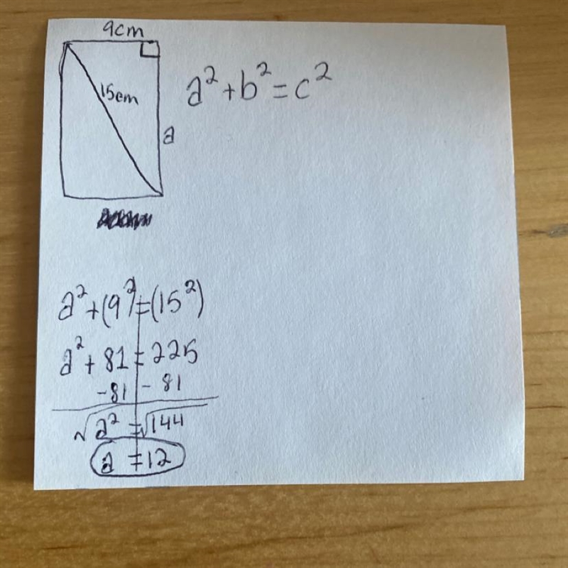 A rectangle has a diagonal of 15cm and a width of 9cm. Find its length. Hint: draw-example-1