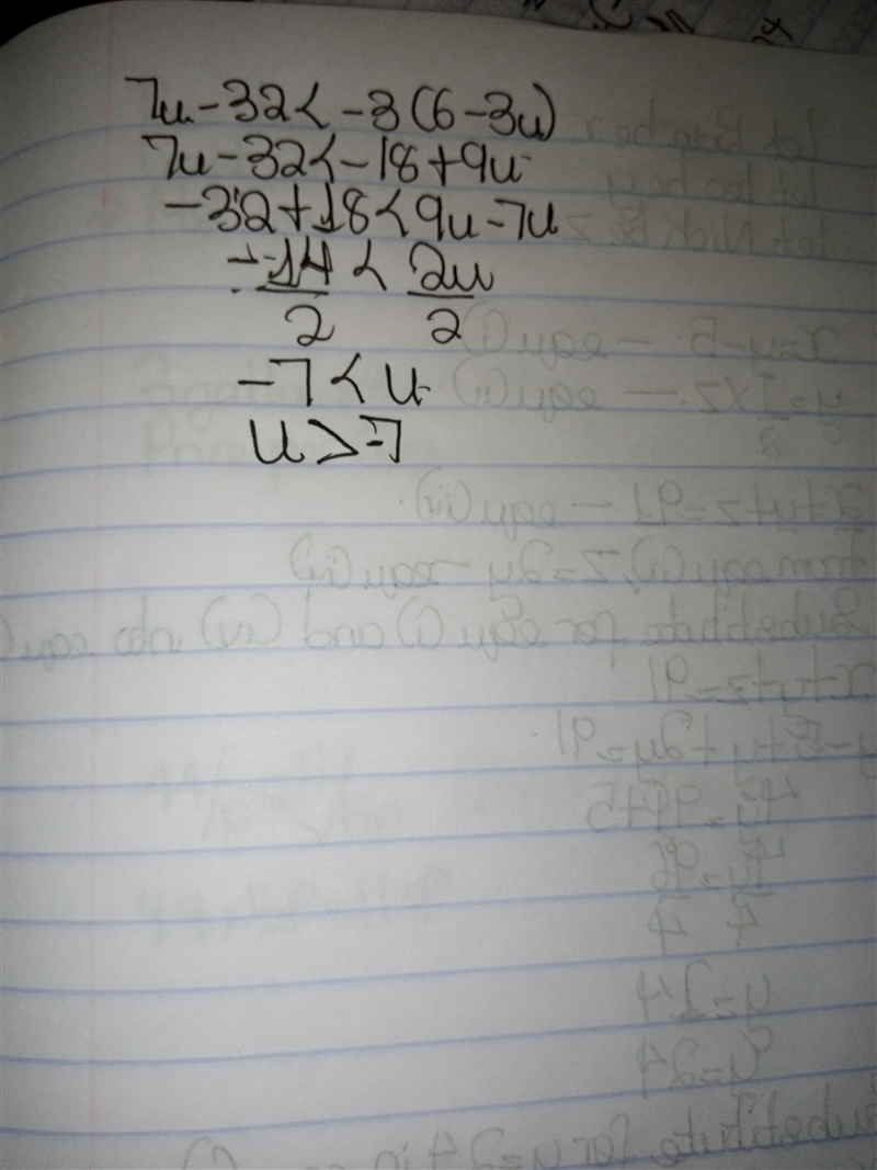 Solve the inequality for u. 7u - 32< - 3(6-3u) Simplify your answer as much as-example-1