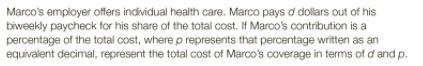 If Marco's contribution is a percentage of the total cost, where p represents that-example-1