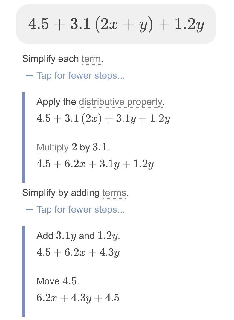 Simplify 4.5+ 3.1(2x + y) + 1.2y.-example-1