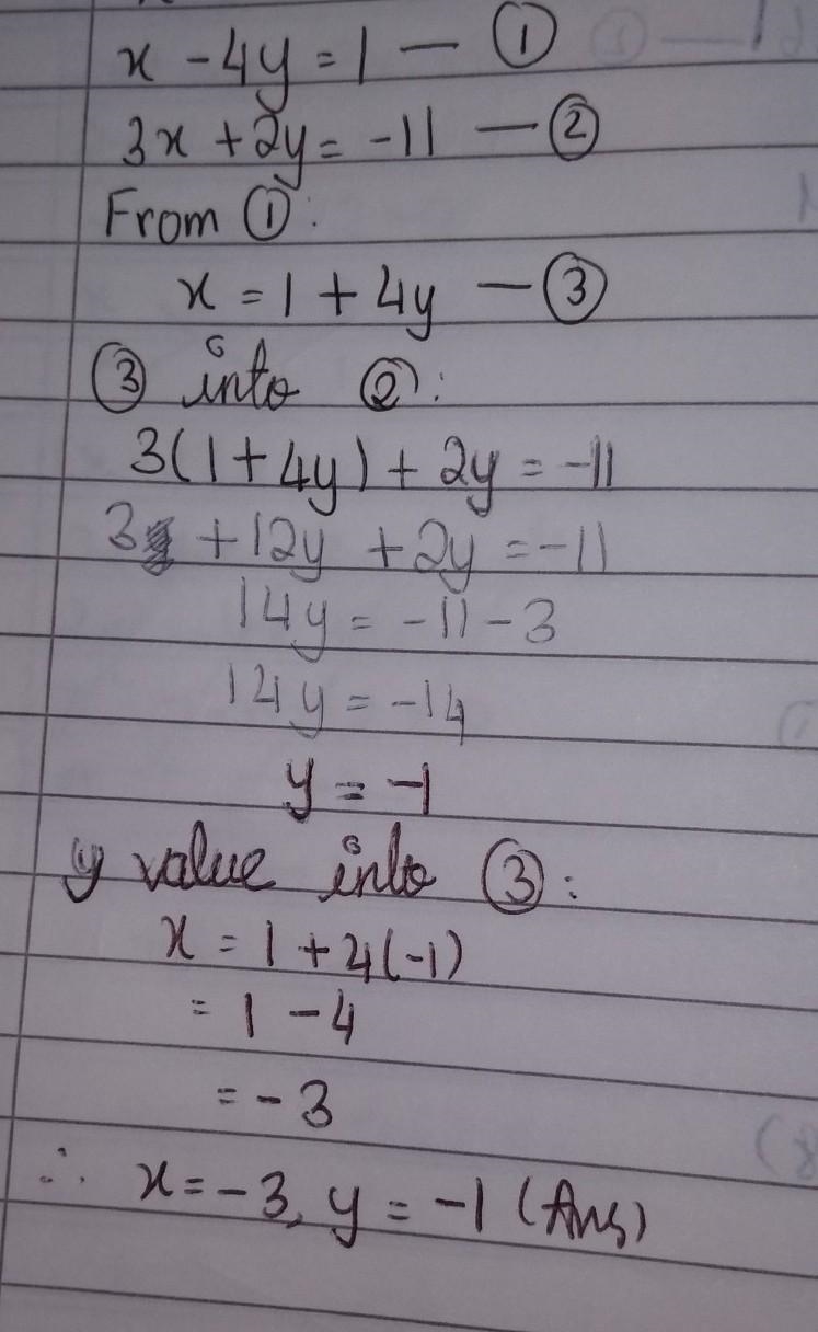 A system of linear equations is shown x-4y=1, 3x+2y=-11 what is the solution to the-example-1