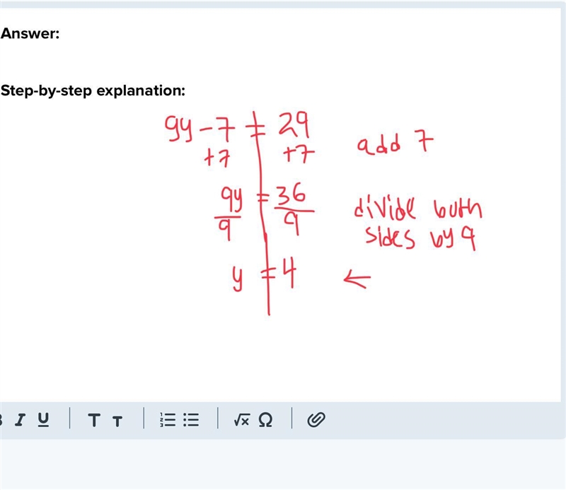 9y-7=29 Prove y=4 Solve the problem-example-1