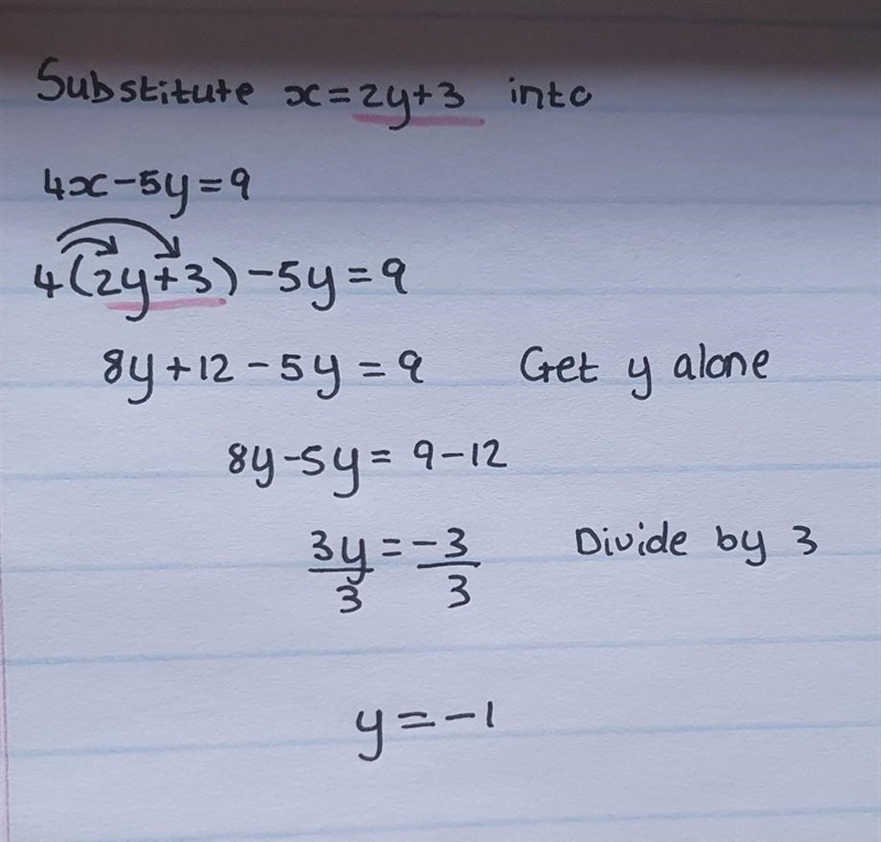 If x = 2y + 3 and 4x – 5y = 9, what is the value of y? A. 2 B. 1 C. -1 D. -2-example-1