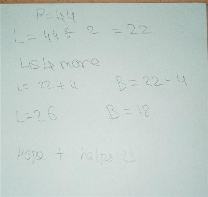 The rectangle shown has a perimeter of 44cm and the given area. Its length is 4 more-example-1