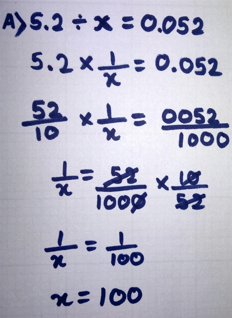 5.2 divided by what =0.052 and 7,650 divided by what = 7.65-example-1