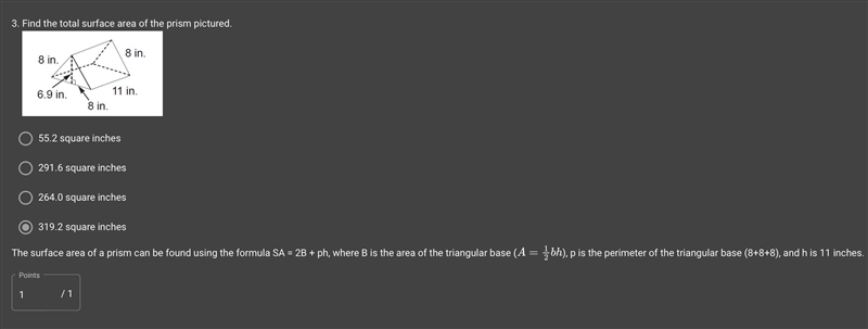 Find the total surface area of the prism pictured. 264.0 square inches 319.2 square-example-1