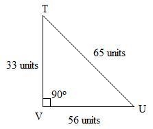 In ΔTUV, the measure of ∠V=90°, UT = 65, VU = 56, and TV = 33. What ratio represents-example-1