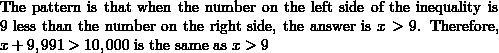 Solve x + 1 > 10, x + 11 > 20, and x + 21 > 30. Describe a pattern. Then-example-1