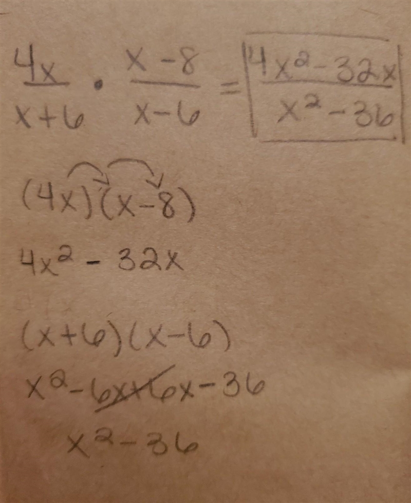 What is the product of the rational expressions below? 4x/x+6 /times x-8/x-6-example-1