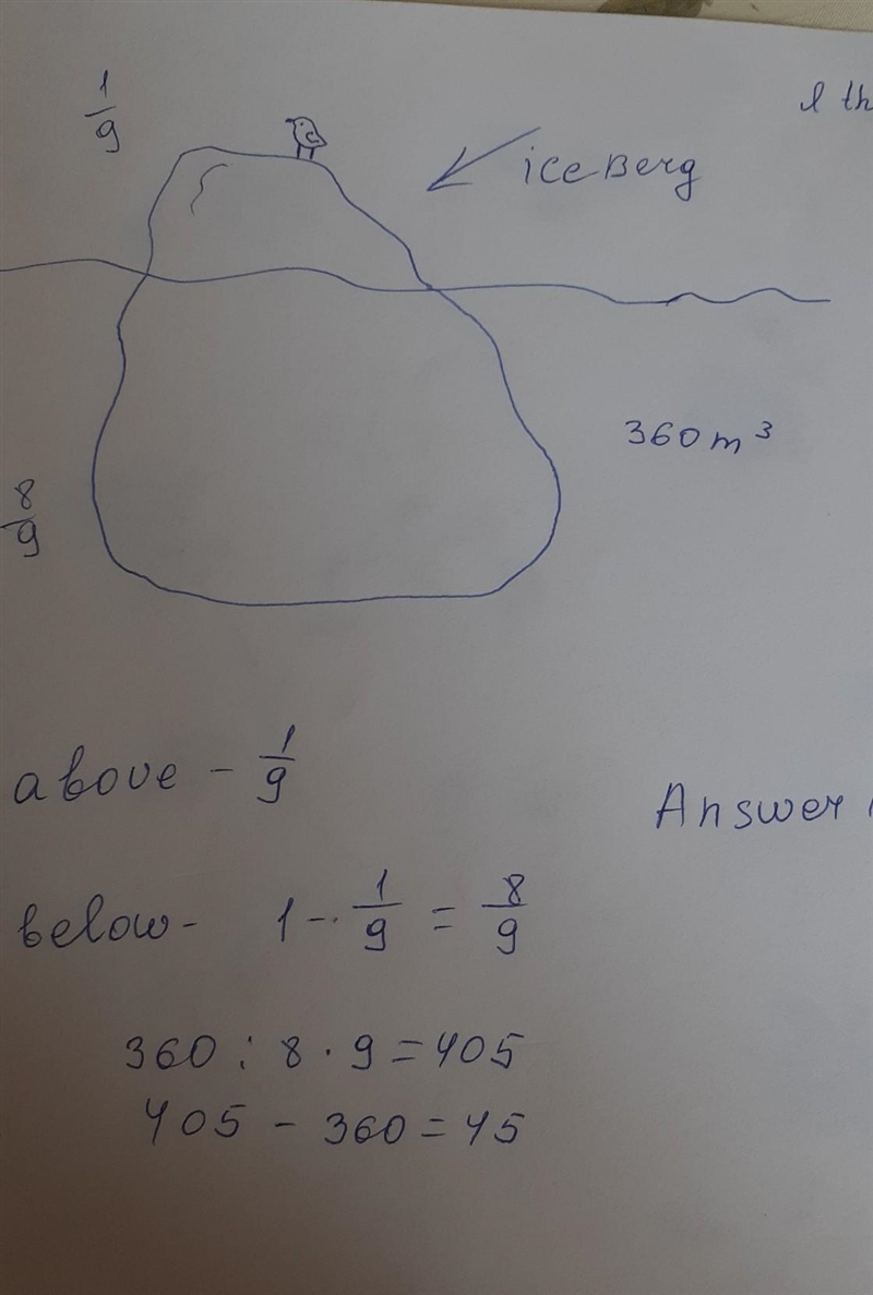 An IceBerg has 1/9 of its volume above the water. If an IceBerg has 360 cubic meters-example-1