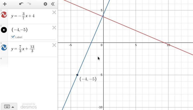 Write an equation for the line that is perpendicular to Y=-3/7x+4 and passes through-example-1