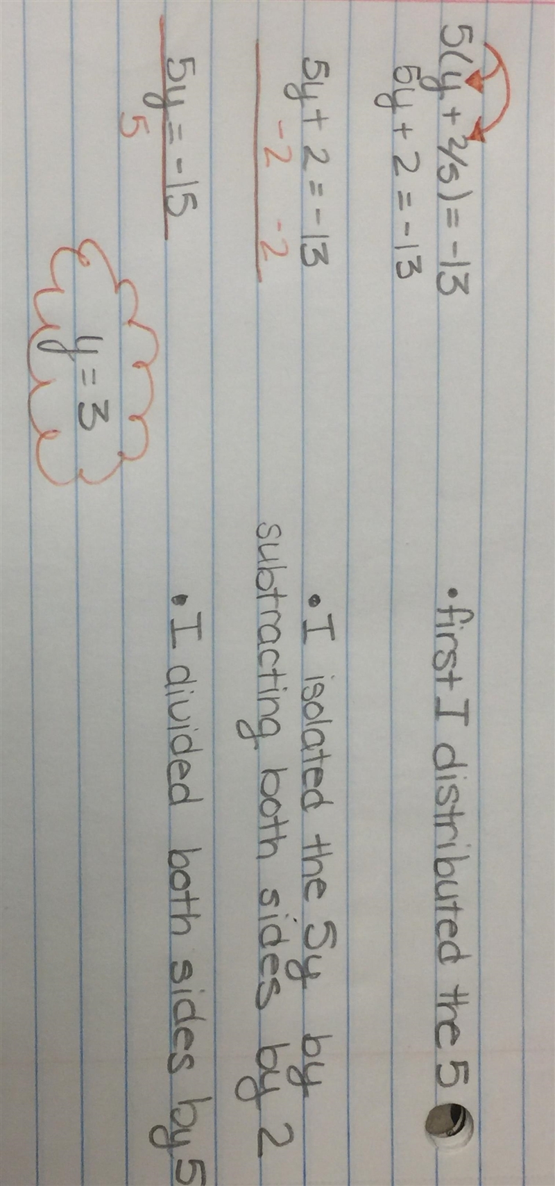 5(y + 2/5) = -13 Solve for y Show or explain your method-example-1