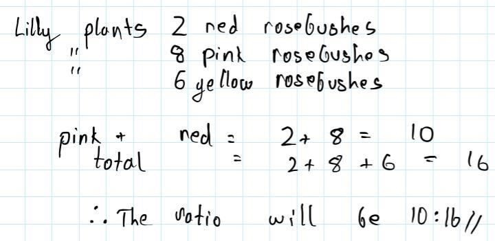 Lily plants 2 red rosebushes, 8 pink rosebushes, and 6 yellow rosebushes. What is-example-1