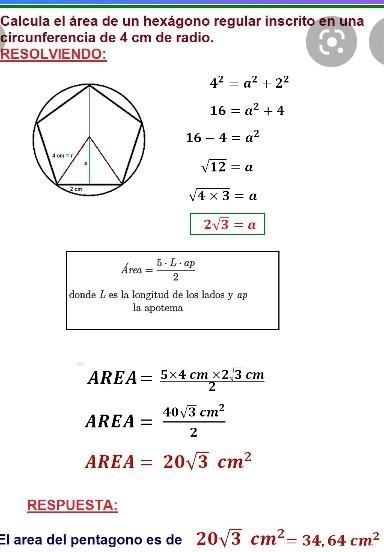 Determinar el área de un hexágono que esta inscrito en una circunferencia de 4 unidades-example-1