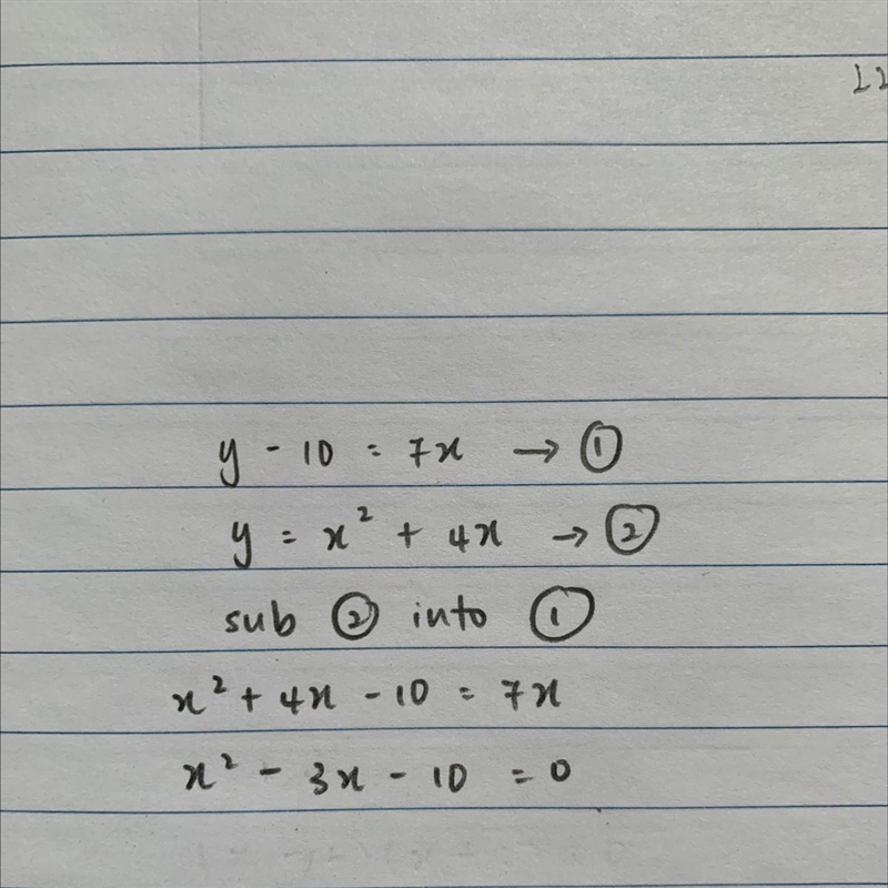 Consider the following system of equations. y − 10 = 7x y = x2 + 4x Determine which-example-1