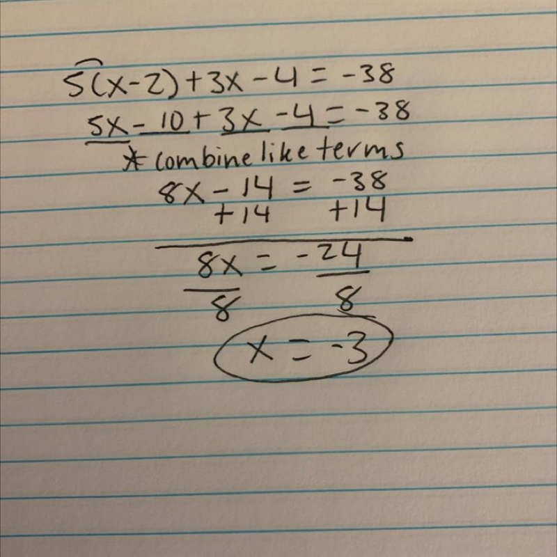 5( x-2)+3x-4 = -38 solve for x-example-1