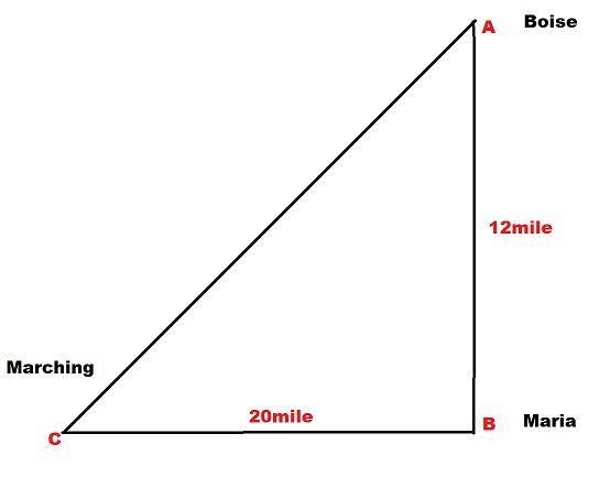 Maria's house is due south of Boise and due east of marching. Mamas house is 12 miles-example-1