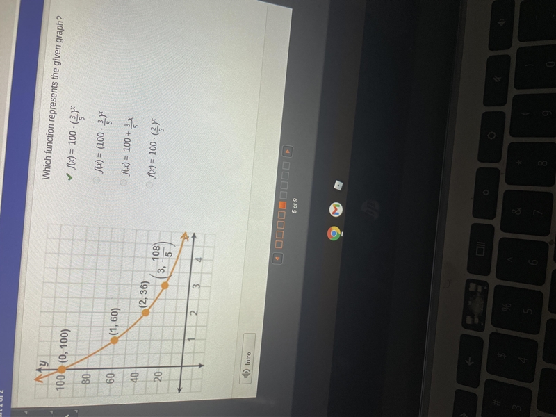 Which function represents the given graph? O f(x) = 100 (3/5)^x O f(x) = (100 ×3/5)^x-example-1