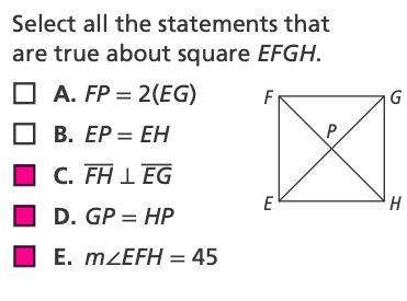 15. Which statements are true about square EFGH? Select all that apply. 20. P E н-example-1