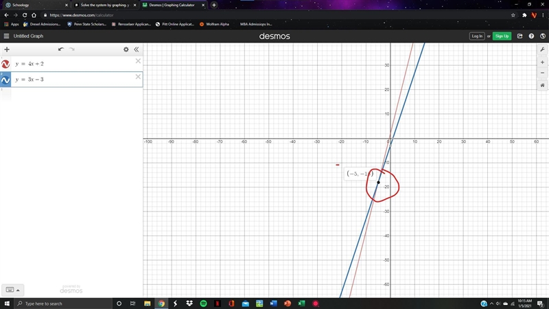 Solve the system by graphing. y = 4x + 2 y = 3x - 3 F (-2,3) G. (2,3) H. (2,3) I (2,3)-example-1