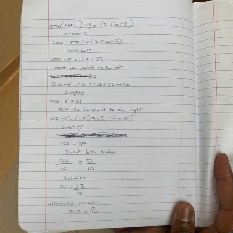 What value of x makes the equation 5(4x - 1)=4(2.5x+8) true? need help asap ?-example-1