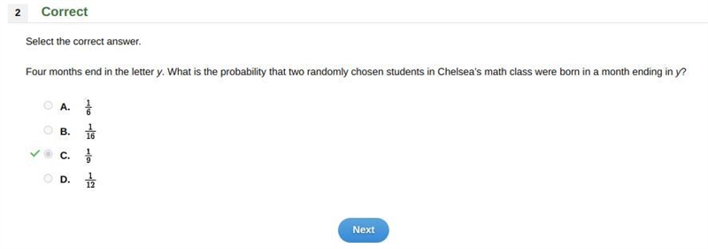 Select the correct answer. Four months end in the letter y. What is the probability-example-1