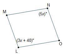 Parallelogram L M N O is shown. Angle N is (5 x) degrees and angle L is (3 x + 40) degrees-example-1