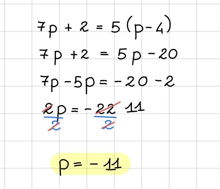 Please help, 7p + 2 = 5(p-4)-example-1