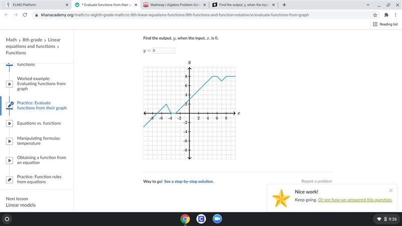 Find the output, y, when the input,x, is 6. y=-example-1