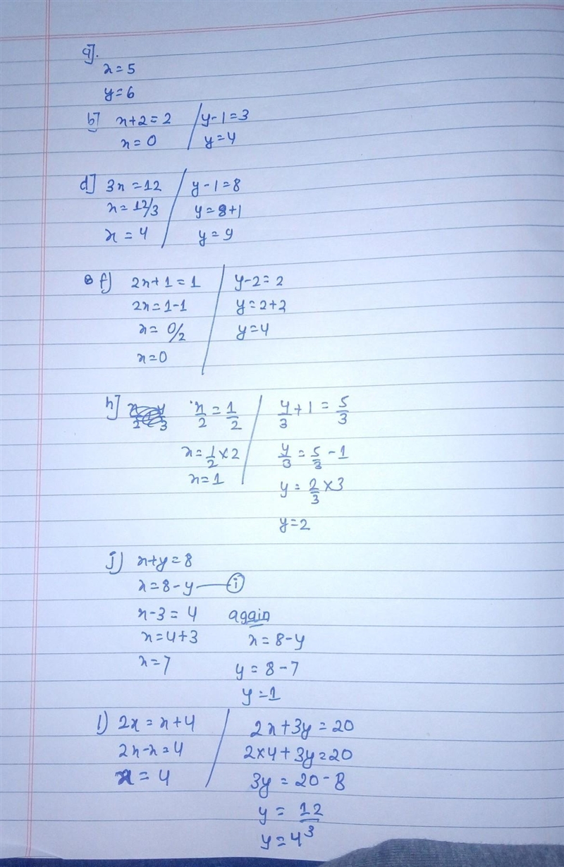 A) (x, y) = (5,6) c) ( ) = (35) e) (x + 1, 8) = (3, 2y) g) (x - 2, y + 1) = (4, 2y-example-1