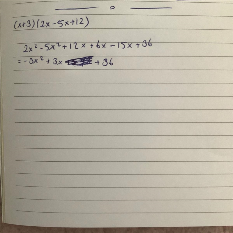 Multiply the polynomials: (x + 3)(x2 – 5x + 12)-example-1