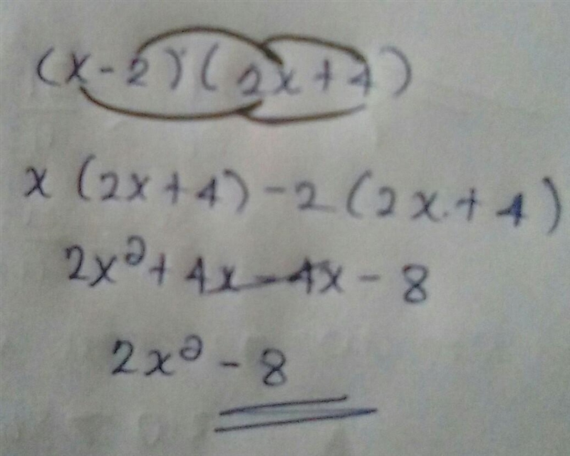 Expand and simplify (x-2)(2x+4)-example-1