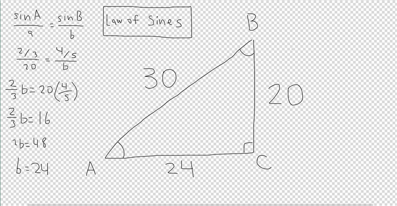 In ABC , sin A = 2/3, sin B = 4/5 and side a = 20. Find side b.-example-1