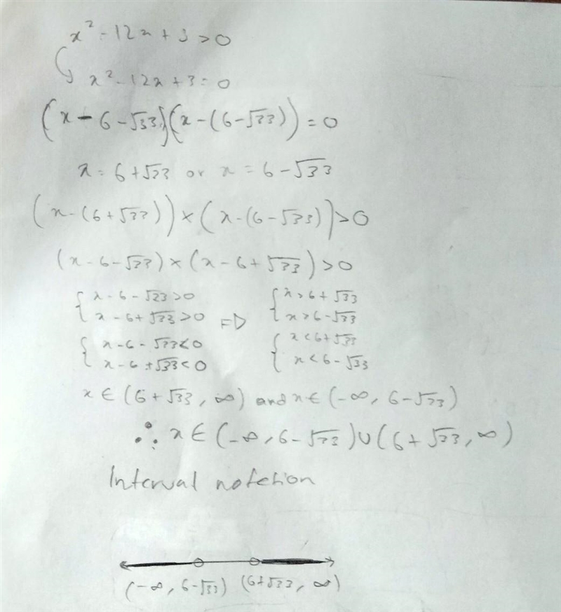 Solve the inequality and express your answer in interval notation x^2 - 12x + 3 &lt-example-1