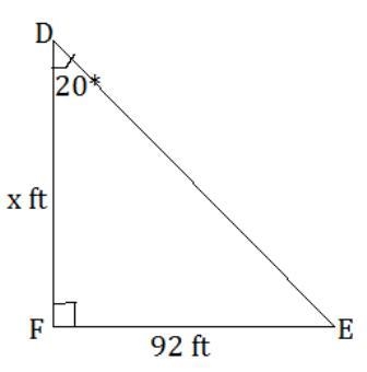 In ΔDEF, the measure of ∠F=90°, the measure of ∠D=20°, and EF = 92 feet. Find the-example-1