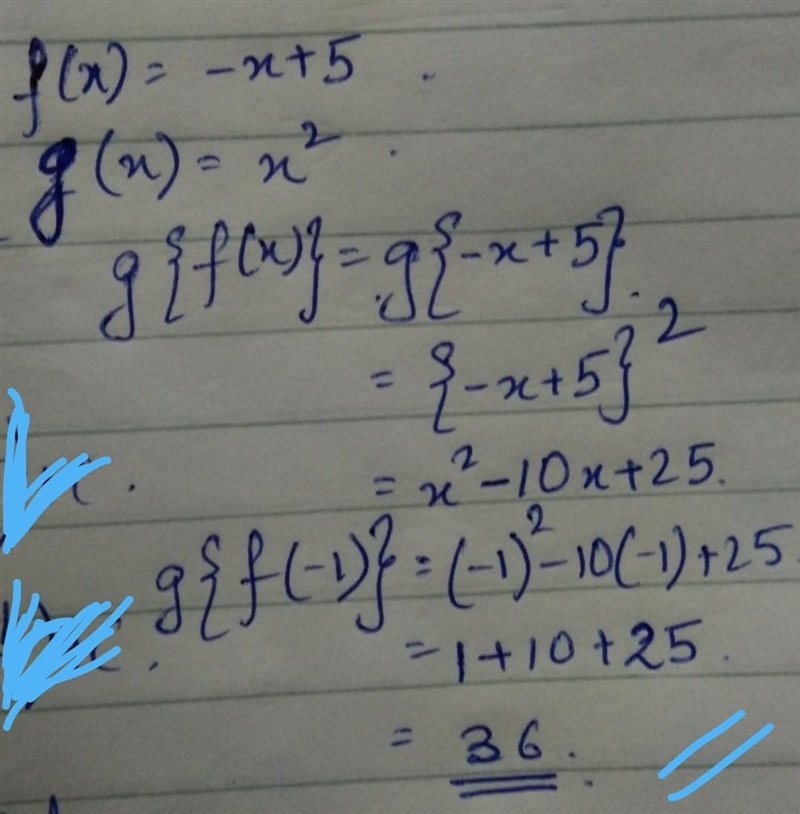 If f(x) = -x + 5 and g(x) = x^2, what is (g° (-1)?-example-1