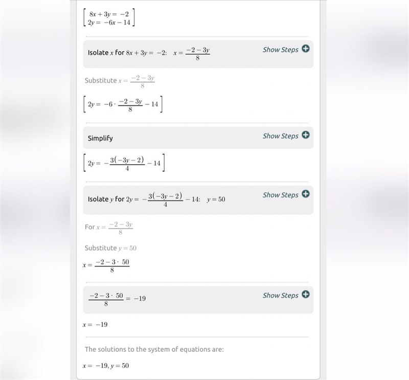 Use substitution to solve the following system of equations. 8x + 3y = -22 AND y= -6x-example-1