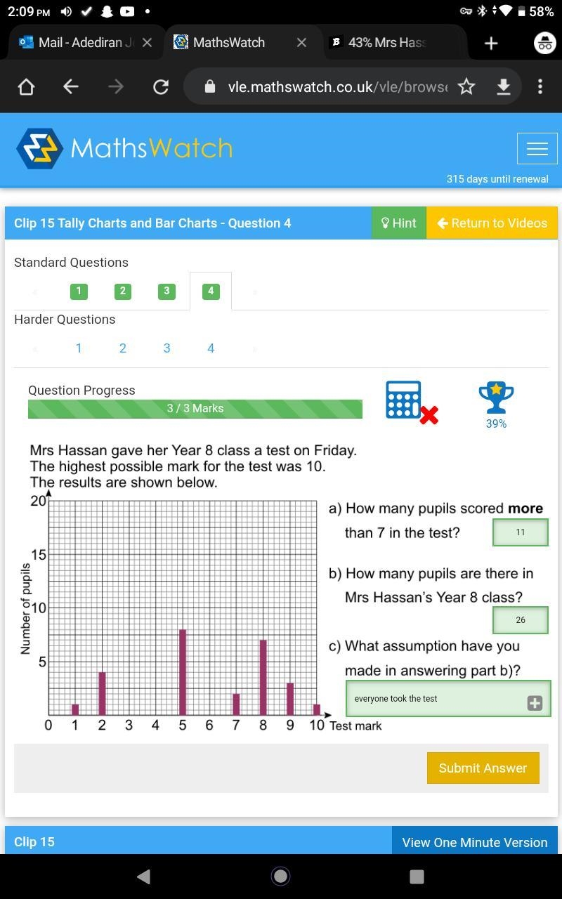 43% Mrs Hassan gave her Year 8 class a test on Friday. The highest possible mark for-example-1