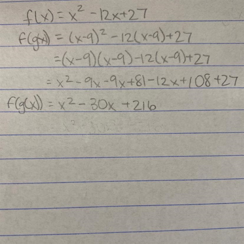 Given that f(x) = x2 – 12x + 27 and g(x) = x – 9, find (f g)(x) and express the result-example-1